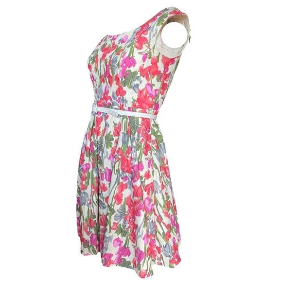 Donna Ricco Short A-Line Dress Sleeveless Vintage Pink Floral Belted Womens 2 - Picture 3 of 12